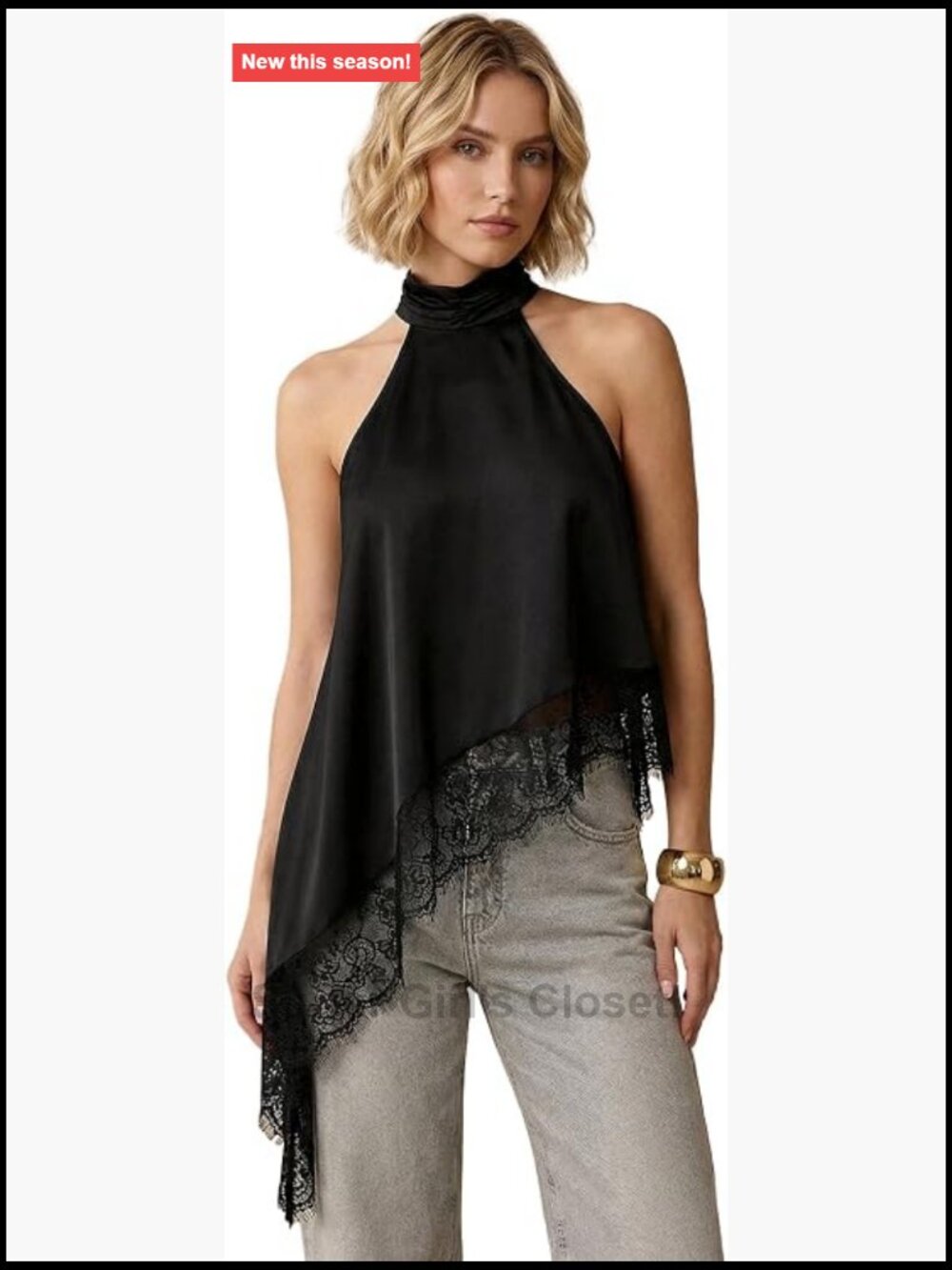 SweatyRocks Women's Lace Trim Asymmetrical Halter Top Flowy Satin Tank